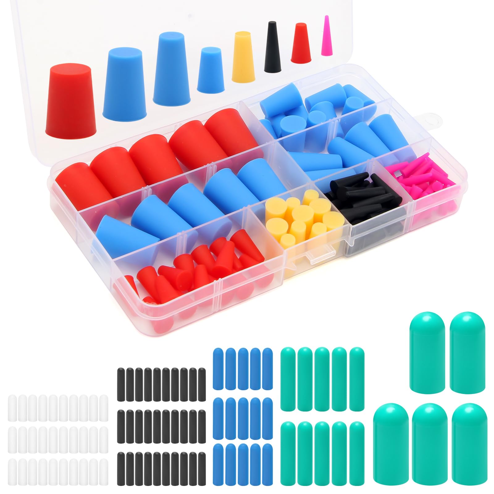 110+90 PCS Silicone Rubber Tapered Plug Set, Coldairsoap 110PCS High-Temperature Resistant Rubber Stoppers and 90PCS Silicone Rubber Protective End Cap Kit for Hole Plugs, Spraying, Coating, Painting