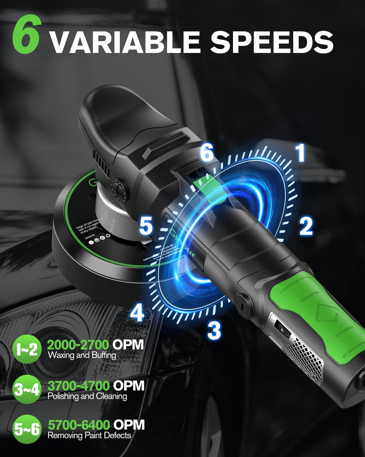 Ginour Pulidora Coche, Pulidora Orbital 1050W, Máquina de Pulir 6400 RPM, 6 Velocidades Variables, Máquina Pulidora con Mango D Desmontable/Mango Lateral, para Pulir y Encerar Automóviles