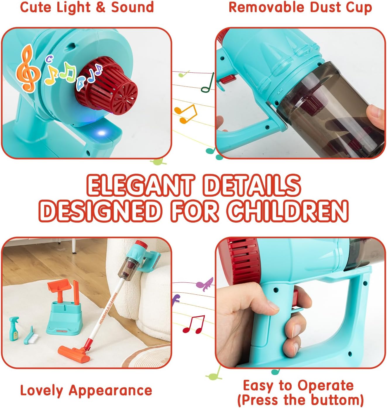 CAPAKIDS Kids Vacuum Cleaning Toy Set, Kids Vacuum That Really Works with Real Suction Light & Sounds Effects, Durable Toy Vacuum Toddler Cleaning Set as Gifts for Children Age 3+