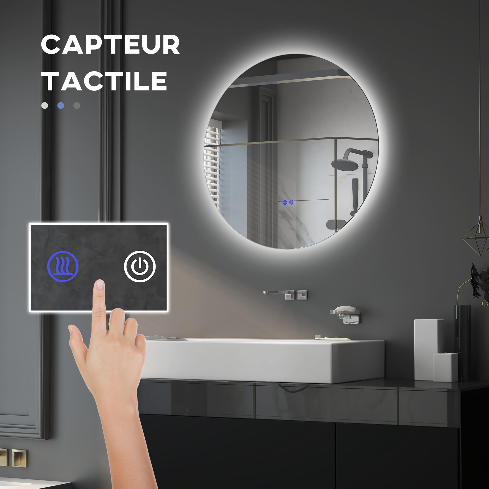 kleankin Miroir Rond Lumineux LED Miroir Mural de Salle de Bain 80 cm avec éclairage Interrupteur Tactile système antibuée luminosité réglable 20,5W+26W Blanc et Argent