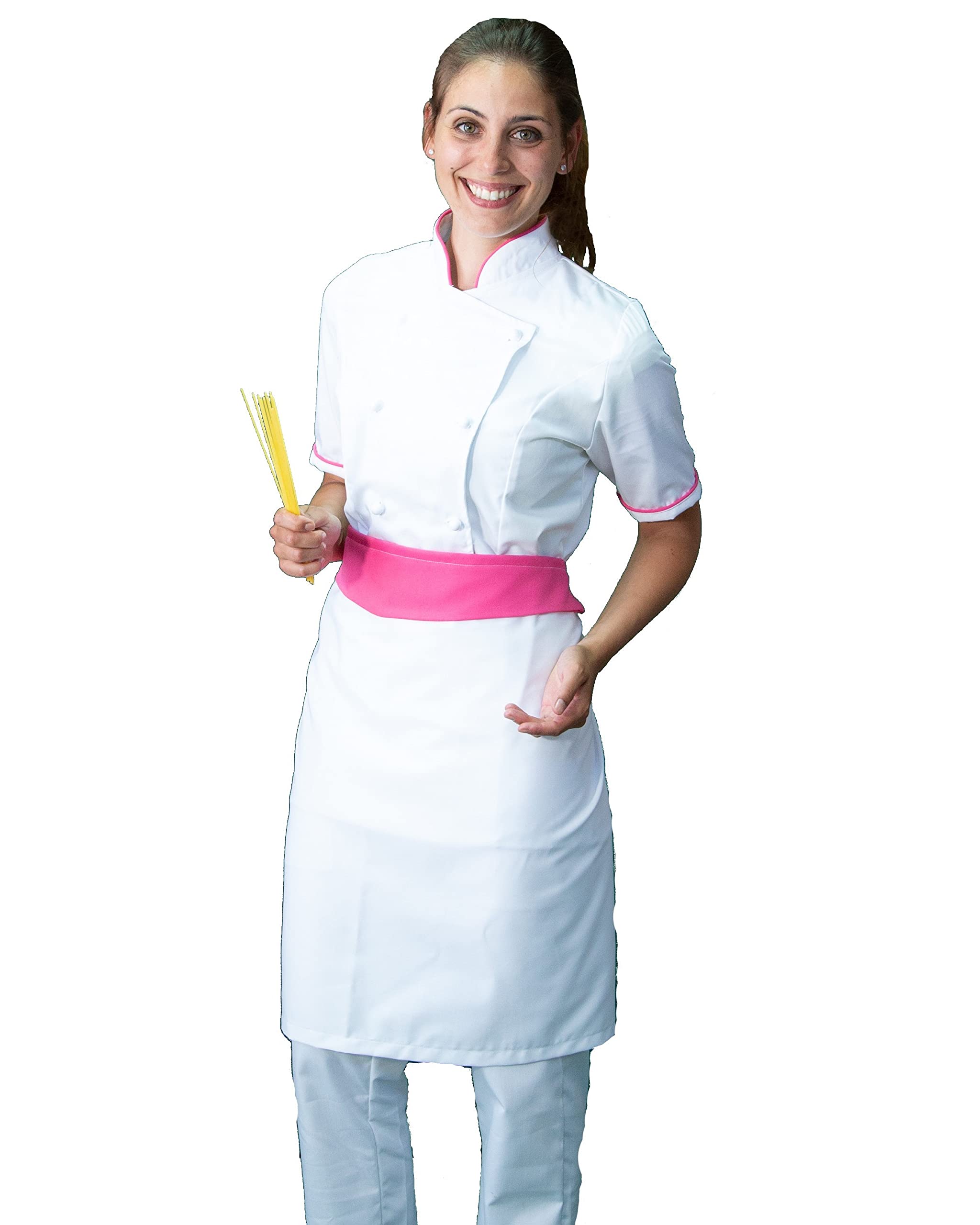 Bordado gratis - Conjunto de cocinero para mujer, blanco y fucsia, uniforme para cocina, restaurante, fabricado en Italia, Blanco Y Fucsia M/C, XS