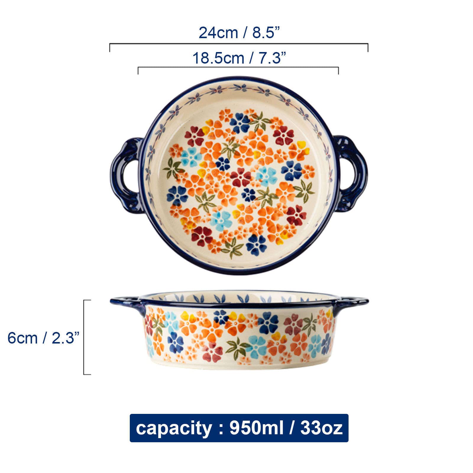 Ceramiczne naczynie do pieczenia do piekarnika, małe naczynie do zapiekania z uchwytami, piekarnik ceramiczny do pieczenia kolorowe kwiaty A-okrągłe 950 ml