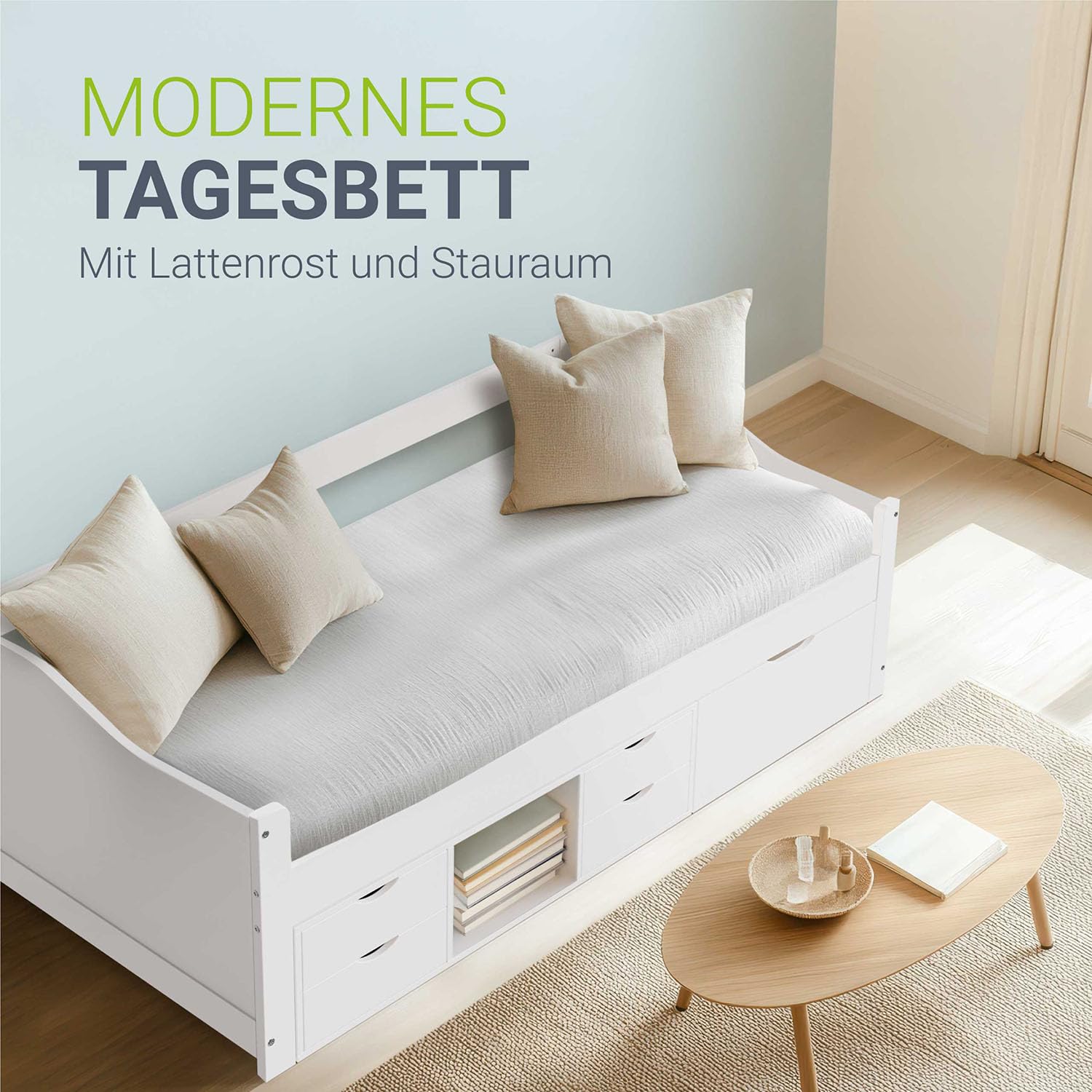 Juskys Funktionsbett Nalu 90x200 cm - Holz Bett mit Lattenrost & Schubladen - Stauraumbett für Kinder - Jugendbett, Kinderbett, Gästebett - Weiß