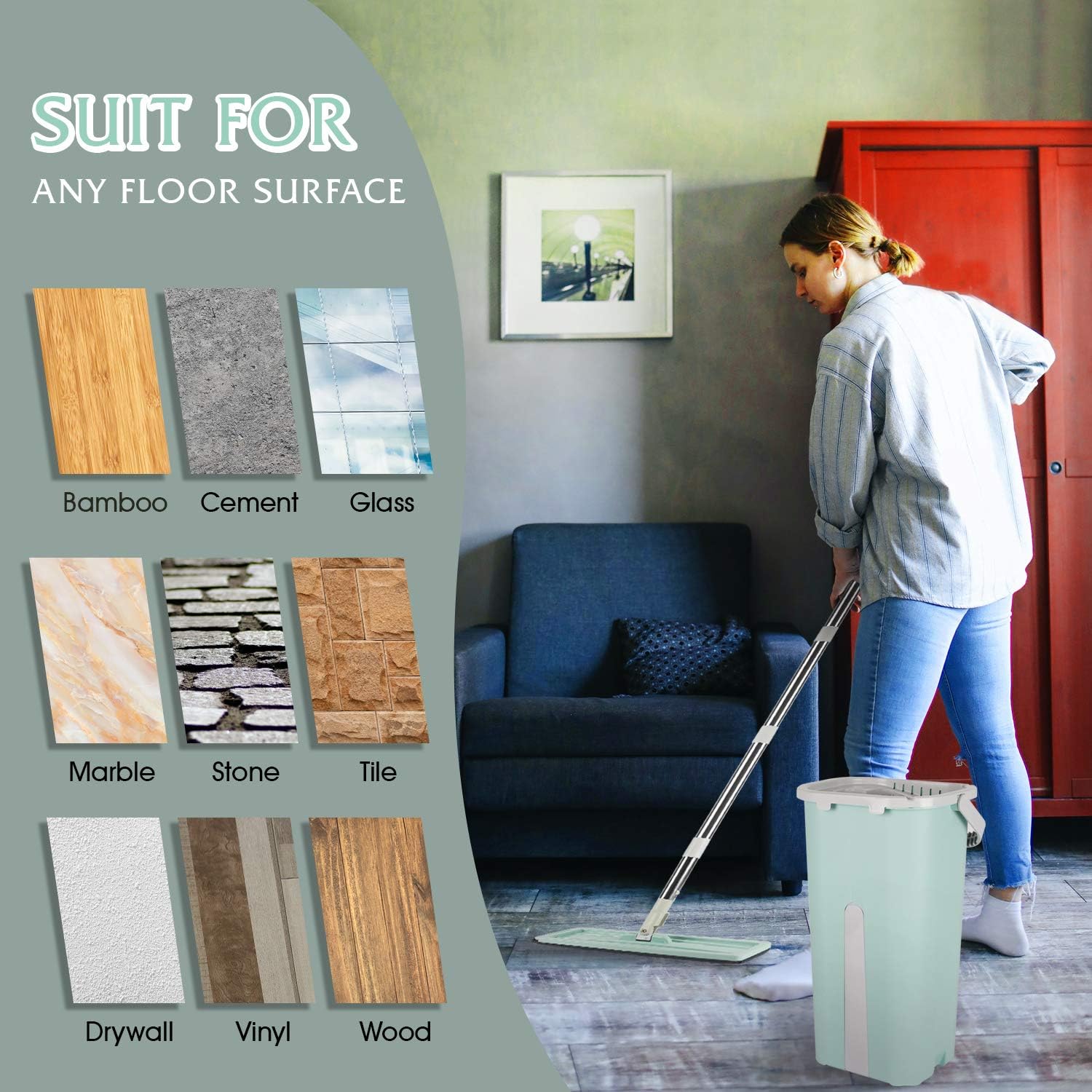 VAIIGO Flat Floor Mop and Bucket Set with 10 Reusable Microfiber Mop Pads and Extended Handle, Squeeze Hand Free Hardwood Floor Clean Mop Bucket Wet and Dry Use for Office/Home/Kitchen Floors Cleaning