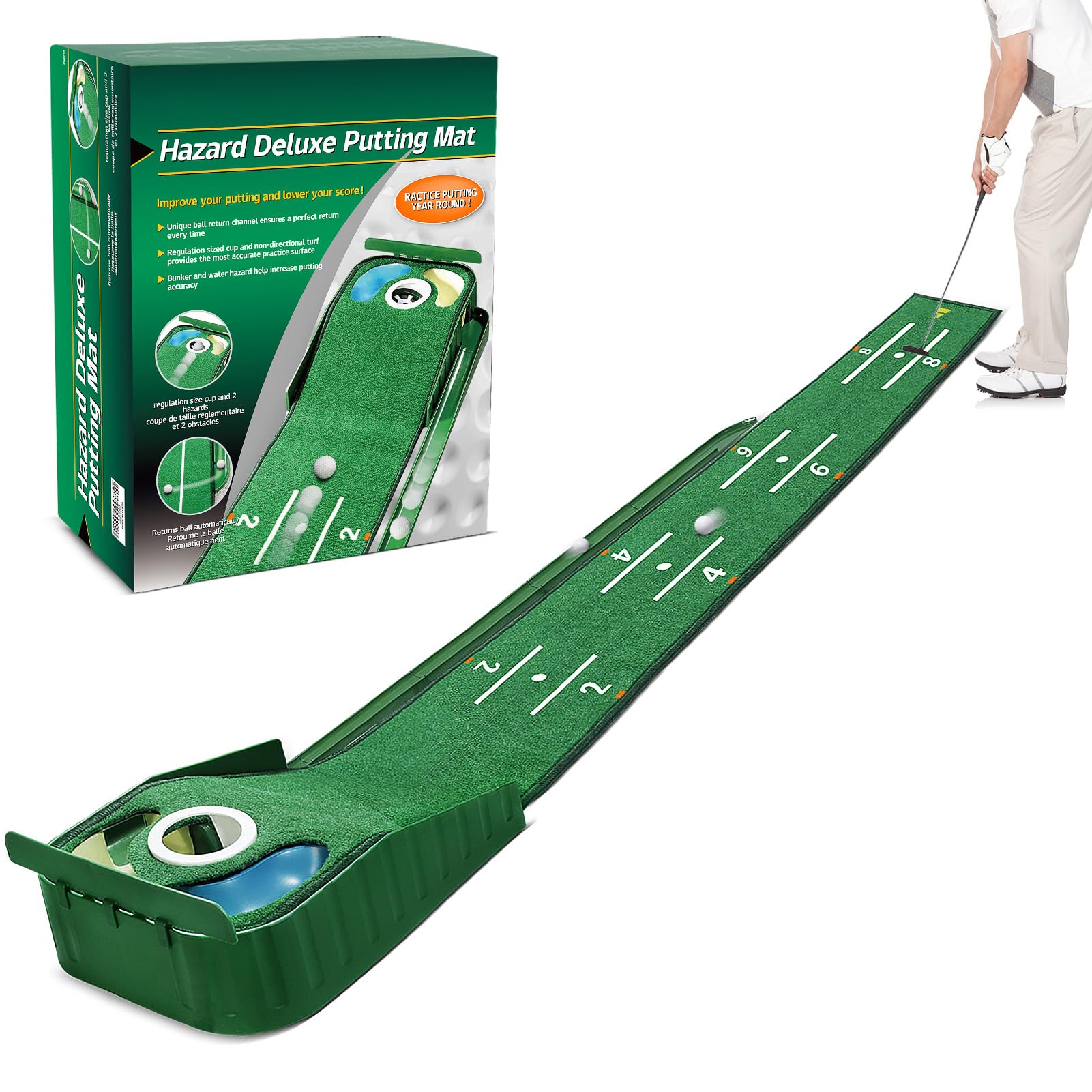 Golf Putting Matte Grün für Innen Matt mit Ballrücklauf und 3 Löchern Trainings- und Übungshilfe zu Hause oder im Büro Geschenke Zubehör für Männer