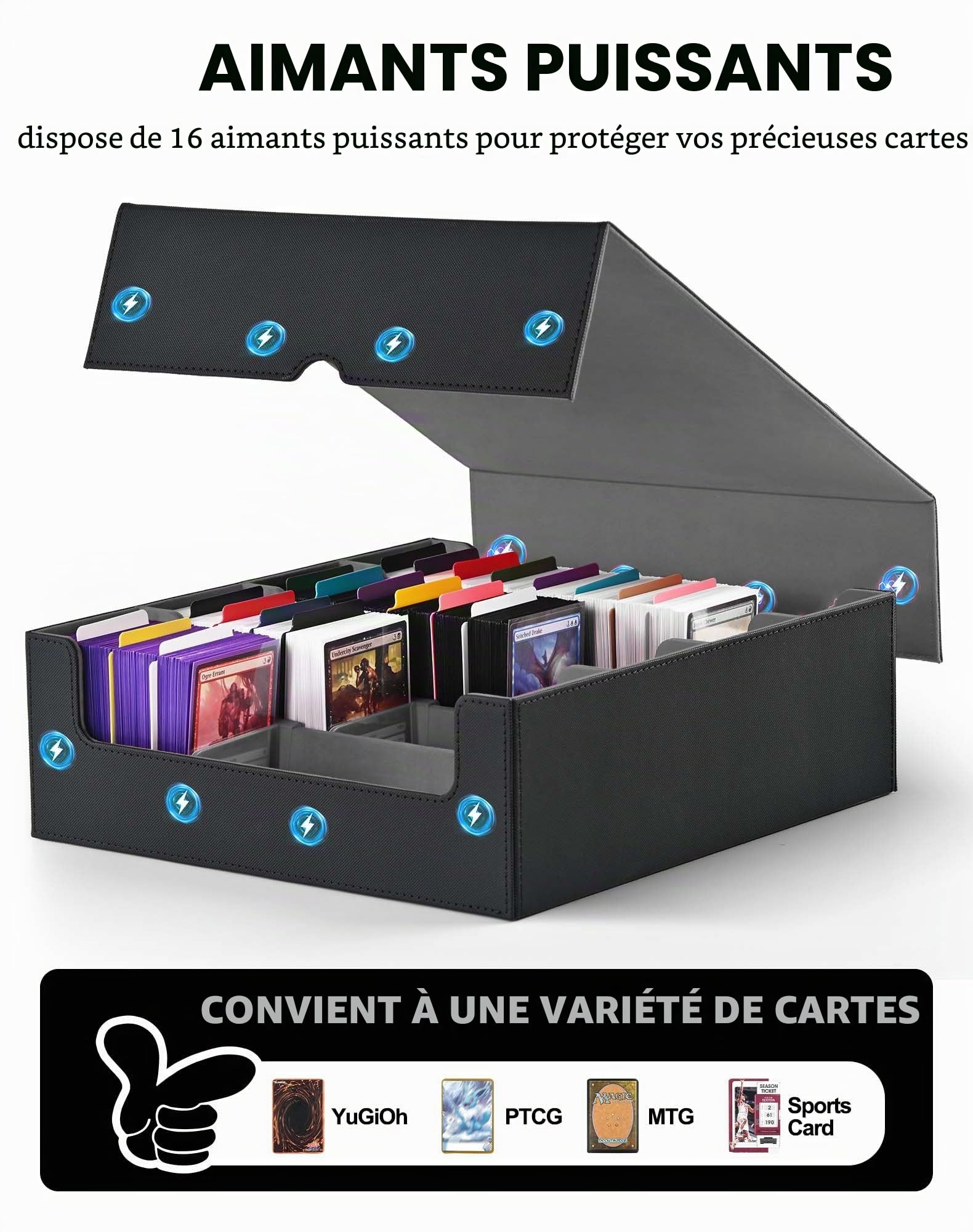 ZLCA Boîte de rangement pour cartes à collectionner, peut contenir plus de 2 400 cartes, boîte MTG avec 4 bouchons, organiseur de cartes magiques pour cartes TCG PTCG (noir)