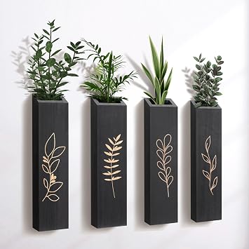 Wood Wall Planter, Farmhouse 4 Pack Indoor Pocket Wall Vases Decor for Living Room Bedroom Dried Flowers Faux Greenery Plants Black