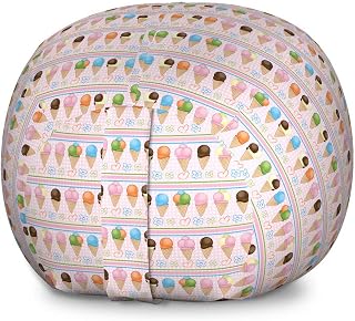 Lunarable Ice Cream Storage Toy Bag Chair, Horizontal Borders with Dots Stripes Creamy Milky Desserts Flowers and Hearts, Stuffed Animal Organizer Washable Bag, Large Size, Multicolor