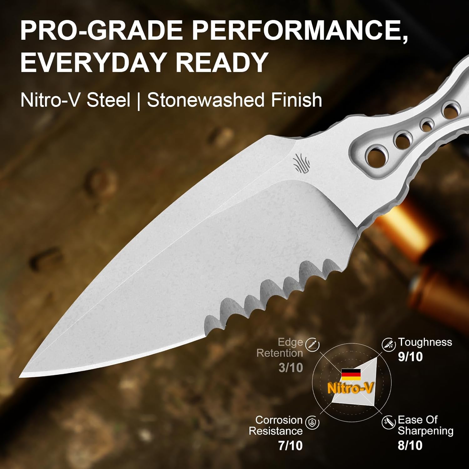 Kizer Defensor Fixed Blade Knife, 2.56" Nitro-V Stonewashed Blade, Skeletonized Tang Camping Knife with Sheath, Portable Hunting Knives for Bushcraft Survival ZX-FB02A2