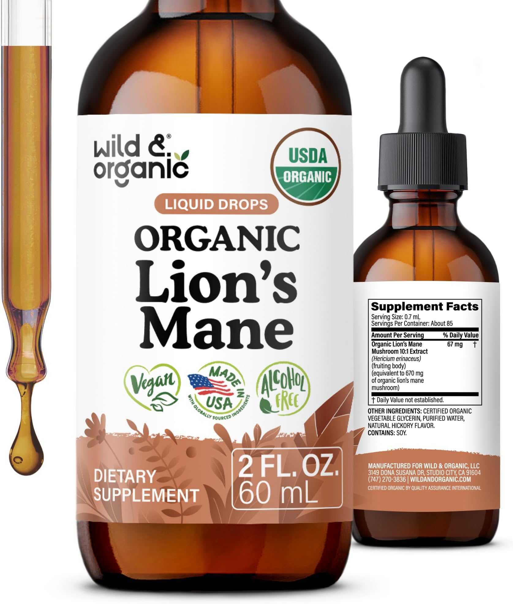 USDA Organic Lions Mane Liquid Drops - Focus & Brain Support - 2 fl oz
