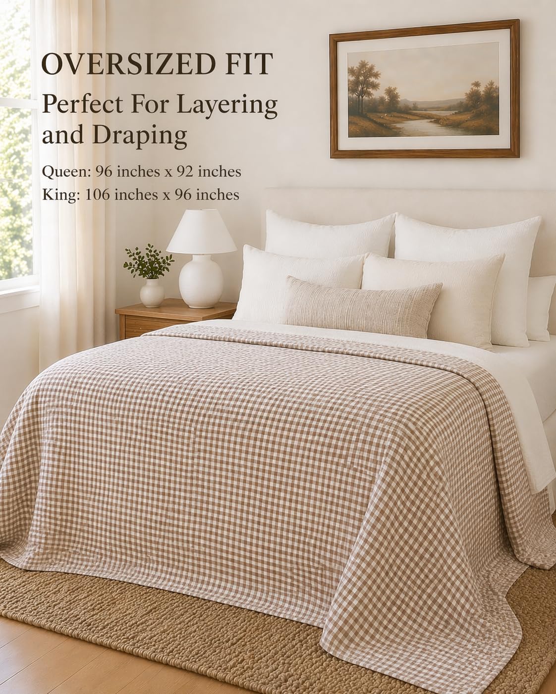 100% Organic Cotton Quilt, Channel Stitching, Oeko-TEX Certified, GOTS Certified, Pre-Washed, Designer Gingham Quilt, Neutral Bedding (Oversized Queen (U.S. Standard))