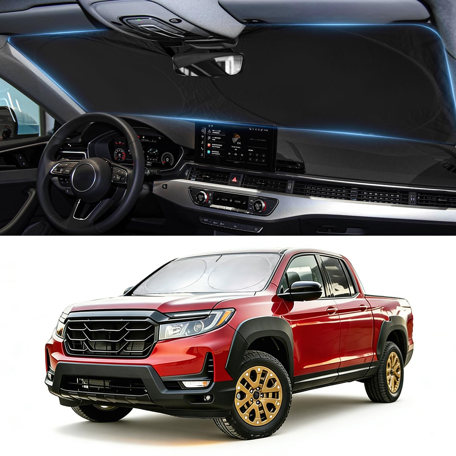 Sun Shade for Ridgeline Windshield Sunshade Custom Fit Honda Ridgeline 2017-2024 2025 Front Window Cover Retractable Sun Visor Protector Keep Interior Cool UV Blocker