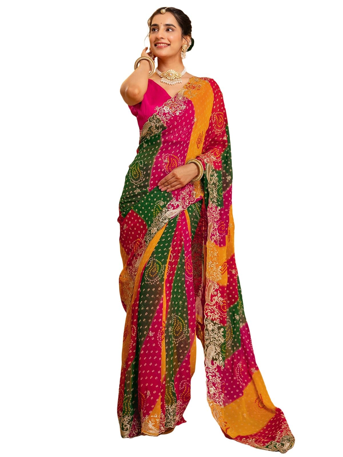 satrani Women's Bandhani Printed Embroidered Georgette Saree with Unstitched Blouse-picture-34