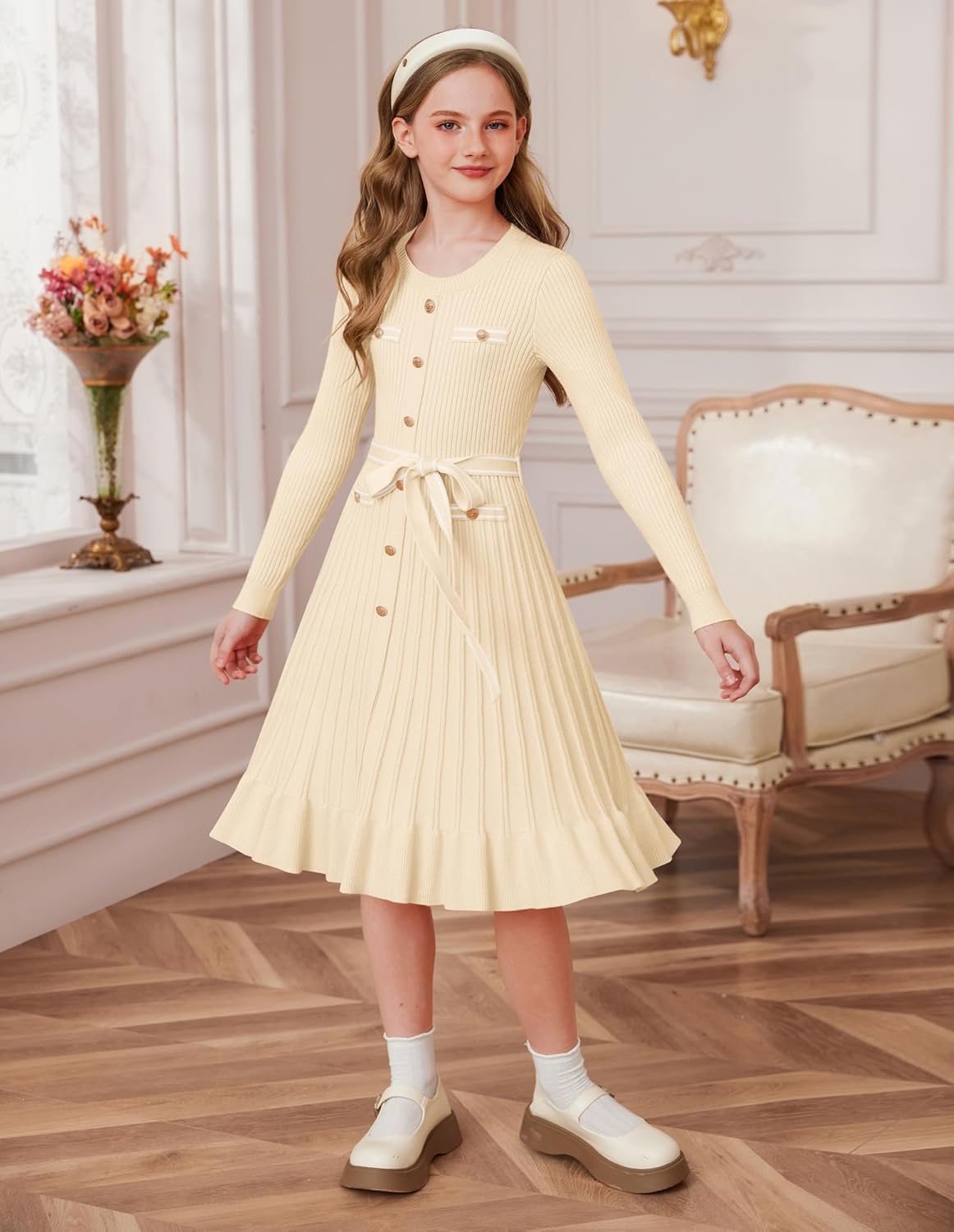 GRACE KARIN Girls Fall Sweater Dress Tween Long Sleeve Fashion Button Front Fancy Ruffle Winter Casual Dresses Size 6-14 - Image 3