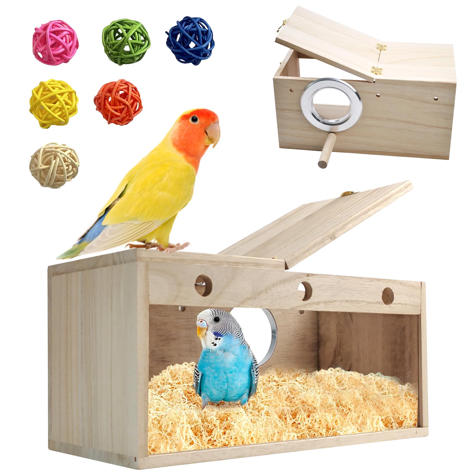 MUYG Large Parakeet Nesting Box for Cage,Transparent Bird Breeding Box Acrylic Parakeet Nest Natural Wood Bird Cage House for Parrot Cockatiel Budgies