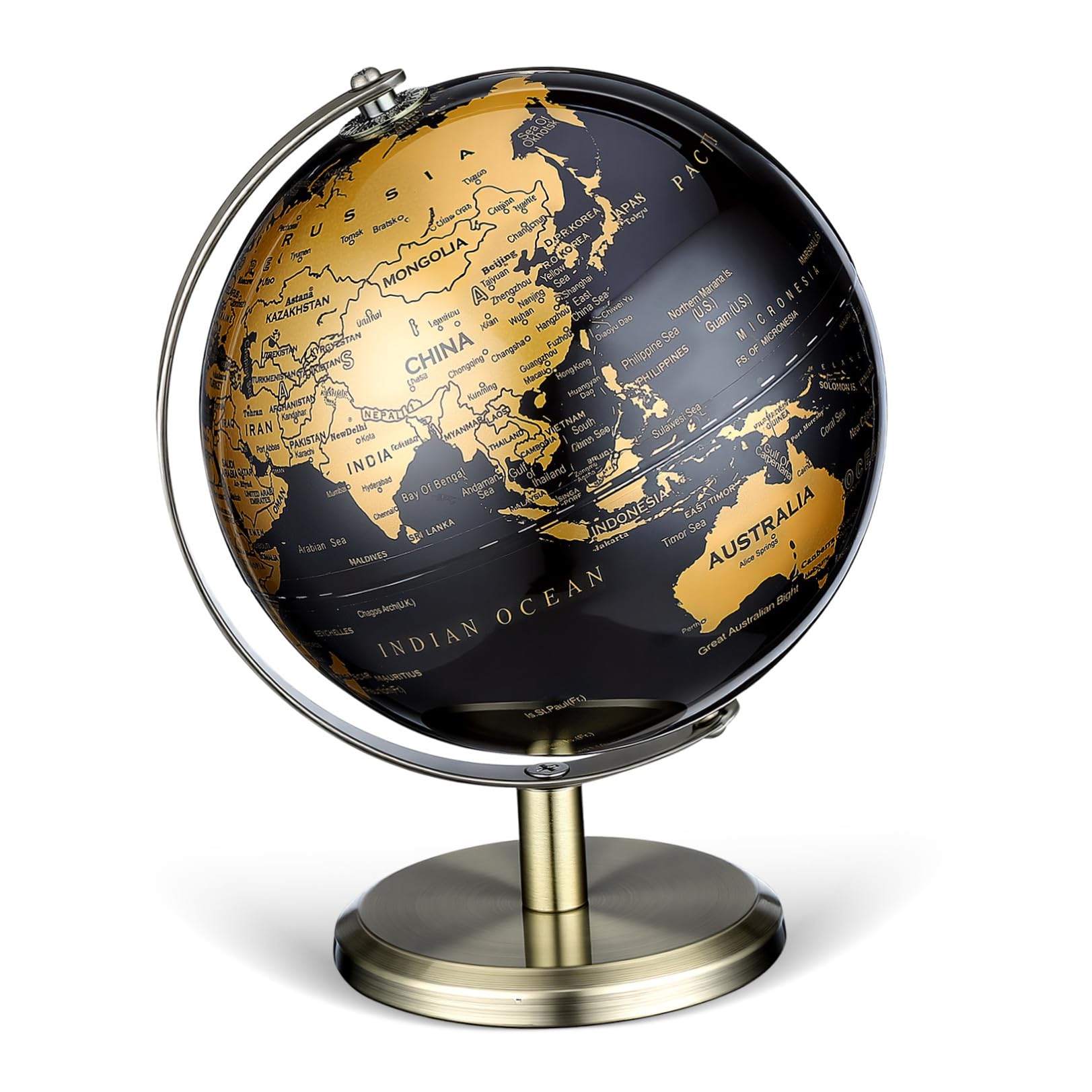 Uonlytech Mappamondo Rotante da Tavolo 14 Cm in Design Classico, Globo Vintage in Metallo Oro per Decorazione Scrivania e Ambienti Ufficio