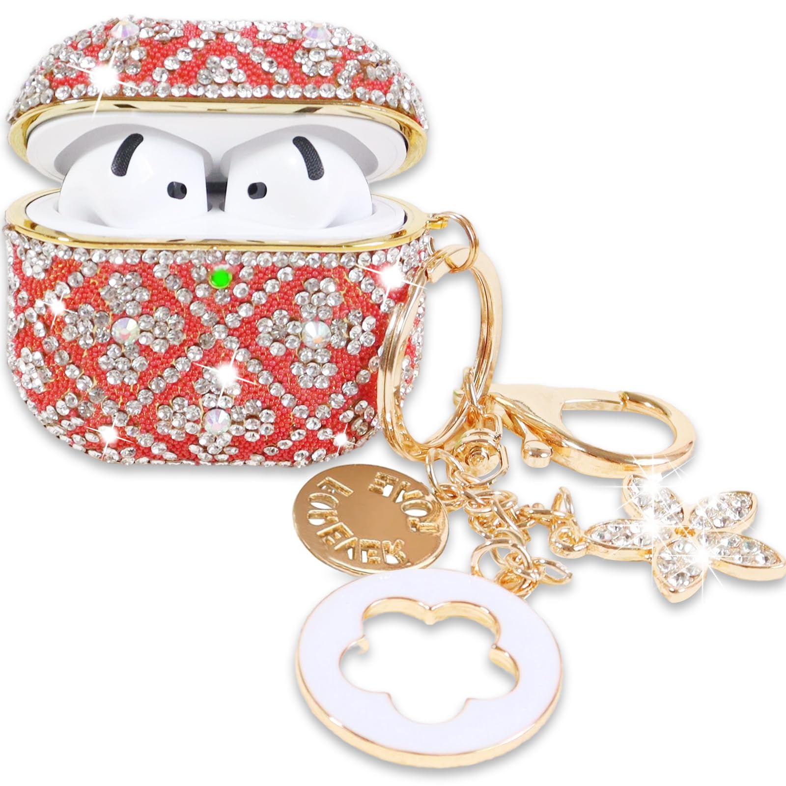 Funda compatible con AirPods 4 (2024), funda protectora con diamantes de imitación para AirPods de 4ª generación con bonito llavero brillante para mujeres y niñas (rojo)