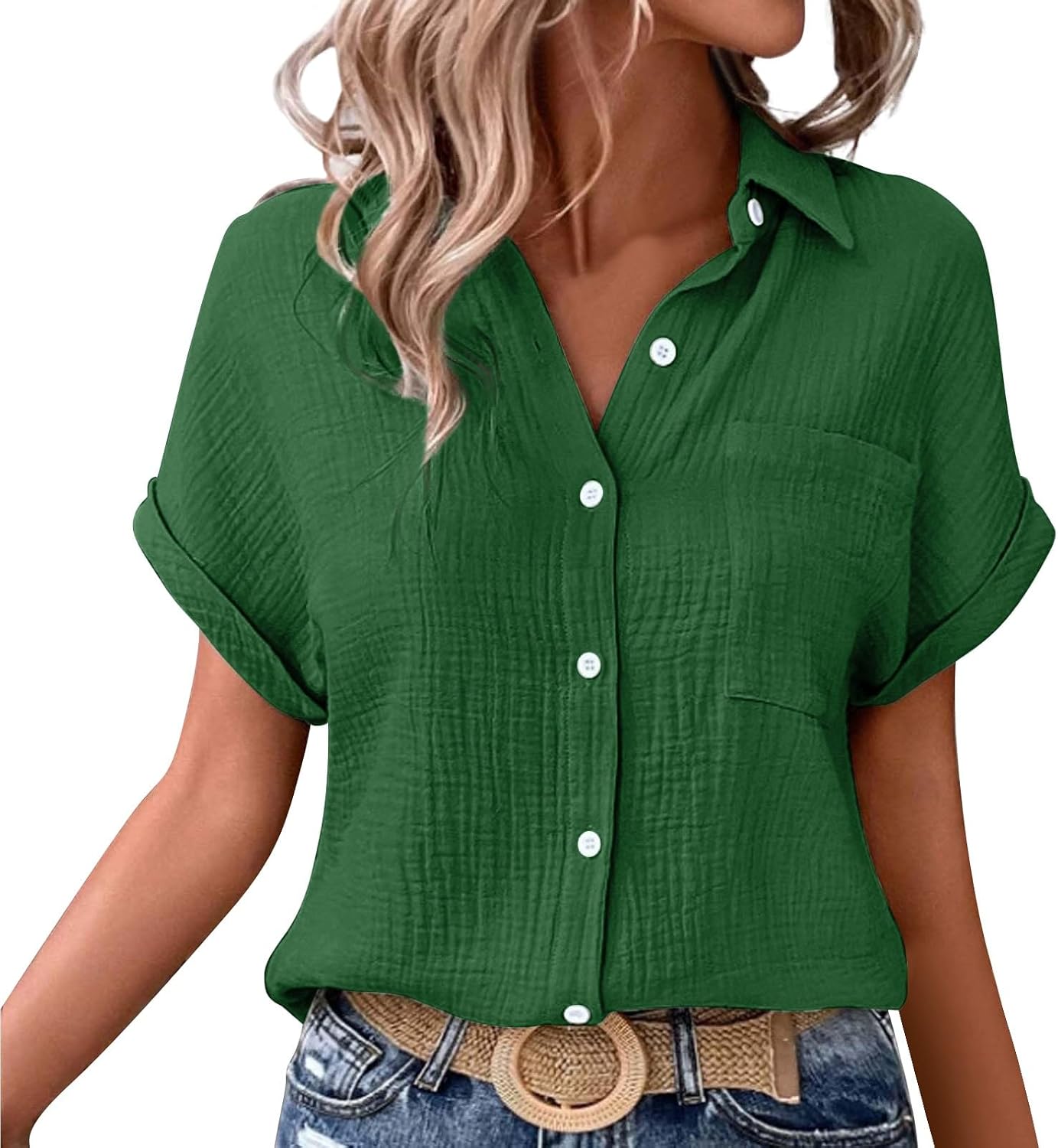Womens Button Down Linen Shirt Short Batwing Sleeve Cotton Blouse Summer Loose Fit Beach Tops with Patched Pocket