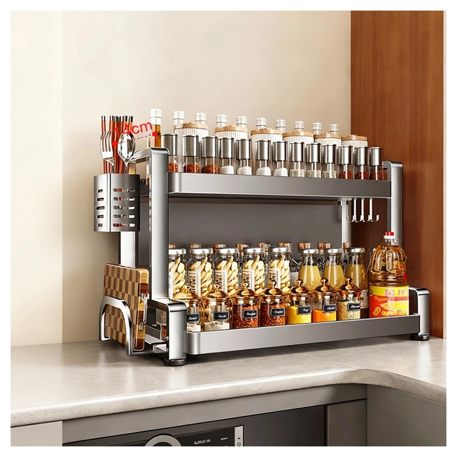 TIANQIHAO Stainless Steel Spice Rack, Freestanding With Knife Holder And Hooks, Multifunctional Storage For Kitchen, Pantry, Bathroom,2 Tier-19.7in