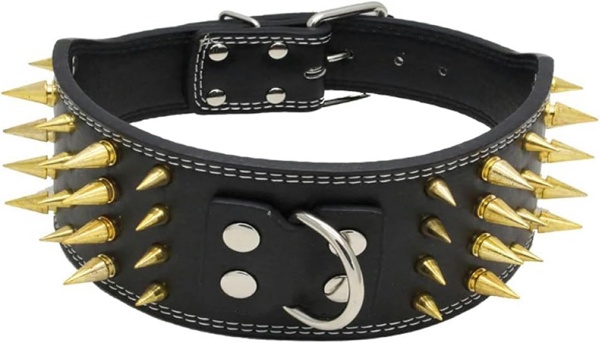 3 Zoll breites Hundehalsband mit goldenen Nieten für mittelgroße und große Hunde, mit Rundnieten besetztes PU-Leder-Haustierzubehör-Schwarz mit goldenen Nieten-L