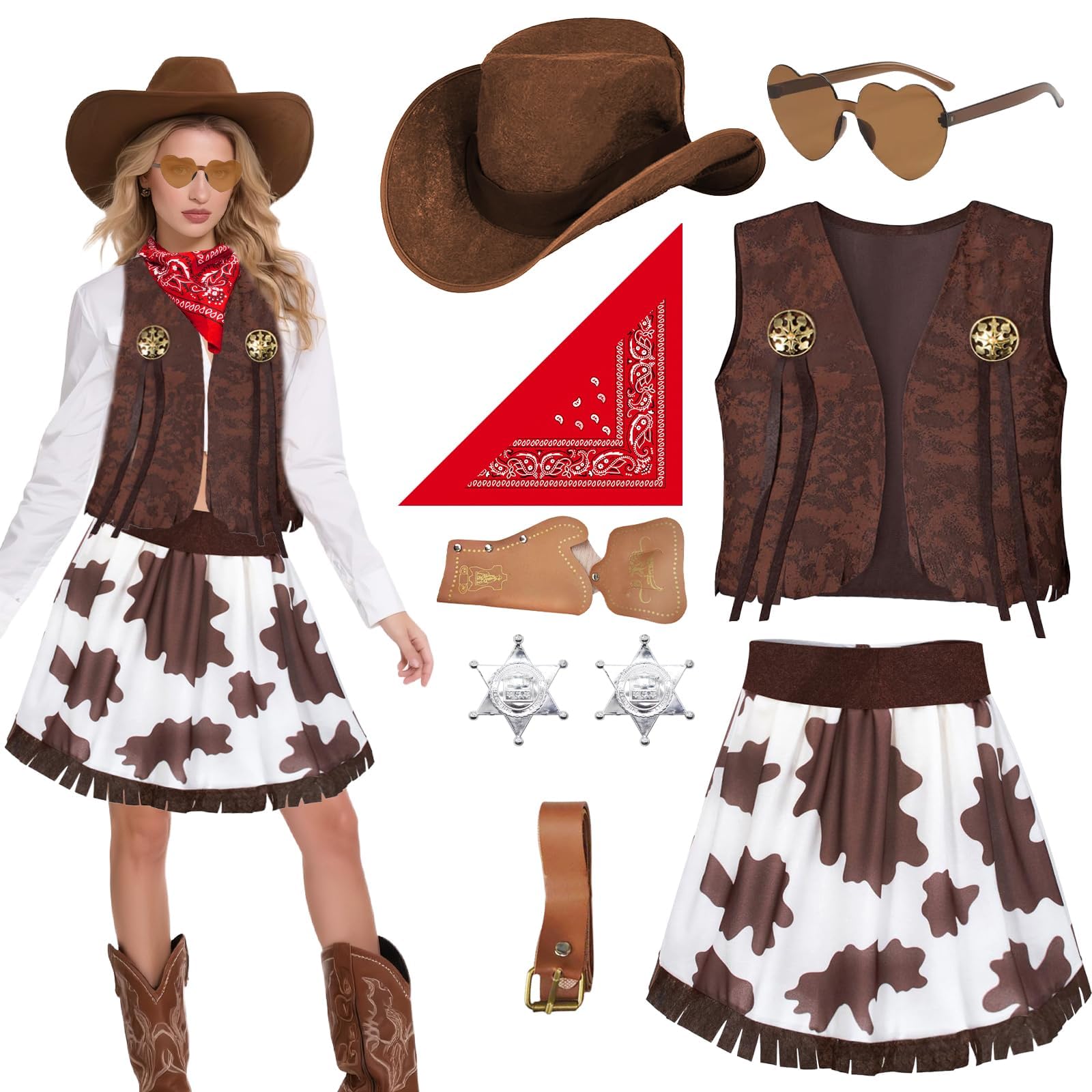 LYNERNOR 9Pcs Cowgirls Costume for Women, Western Cowboy Fancy Dress with Waistcoat Skirt Hat Paisley Bandanna Holster Belt Sheriff Badge Sunglasses Wild West Cowgirl Outfits for Adults Cosplay