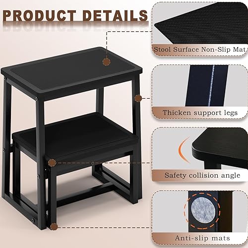 Miniatura 12 de Taburete de escalón para adultos, soporta hasta 500 libras, 3 en 1, resistente taburete de dos pasos para Kichen/baño/camas altas, marco de madera y
