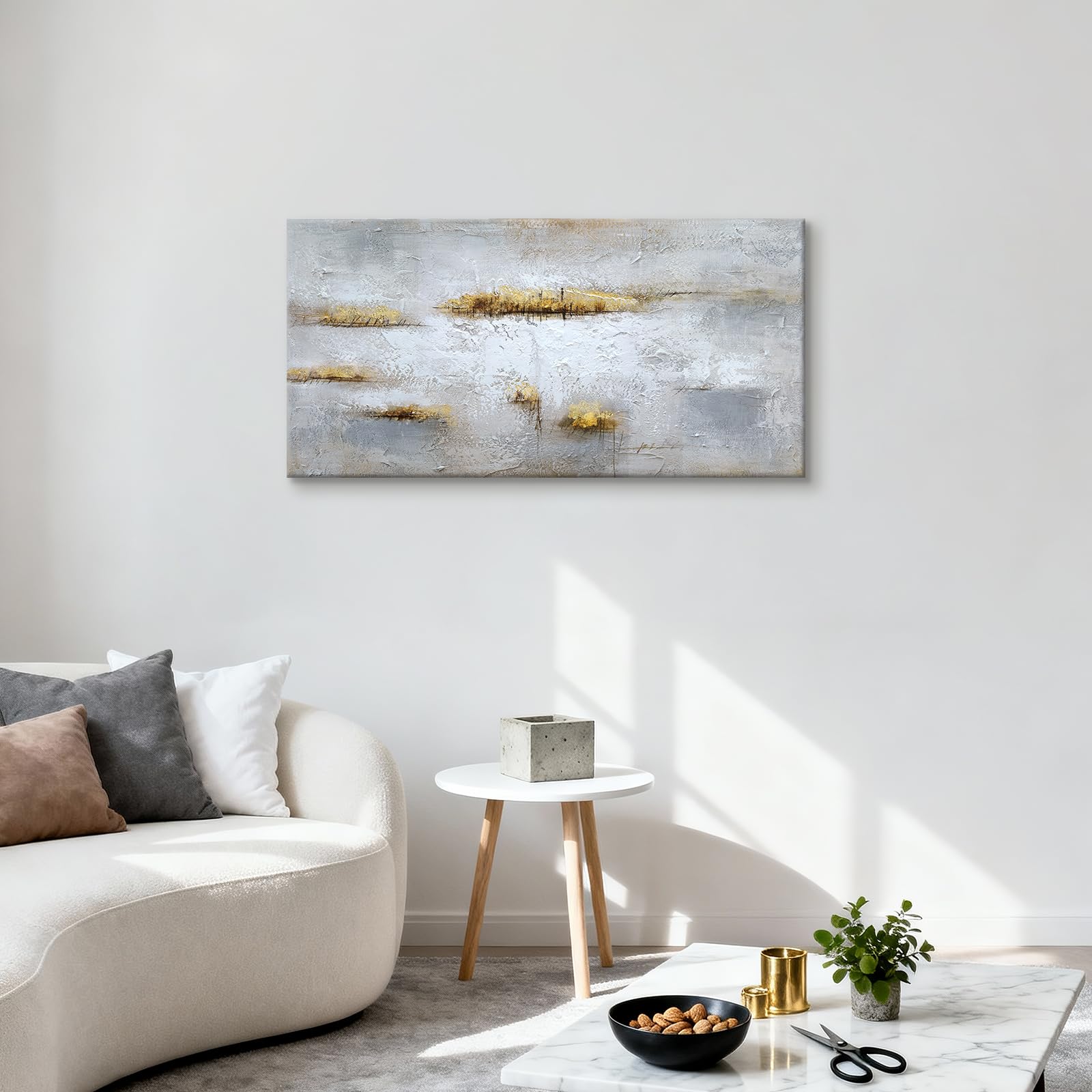 Große Abstrakt Gemälde auf Leinwand Handgemalt, Weiß Grau Gold Gerahmte Wandbilder, Abstrakte Kunstbilder Acrylgemälde 120x60 cm