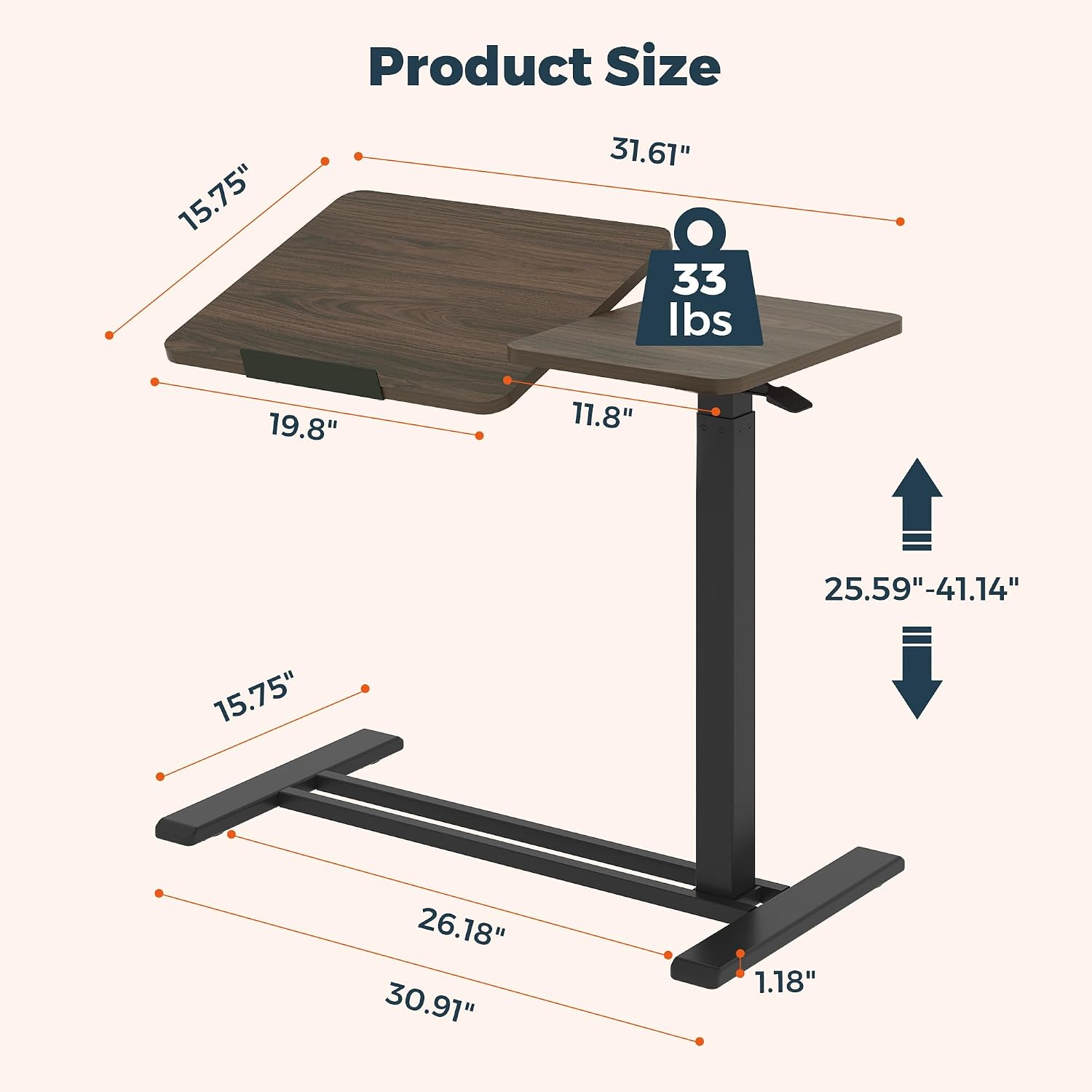 Adjustable Overbed Bedside Table with Wheels, Pneumatic Tilting Desktop Mobile Standing Desk, Rolling Laptop Desk for Bed, Sofa, or Hospital Use, (31.6" W x 15.7" D, Mahogany)