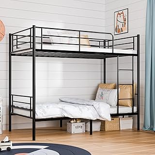 Bonnlo Bunk Bed Twin Over Twin with 13 inches Tall Guardrail, Metal Twin Bunk Bed with Flat Rungs Design,No Boxing Spring Needed, Black