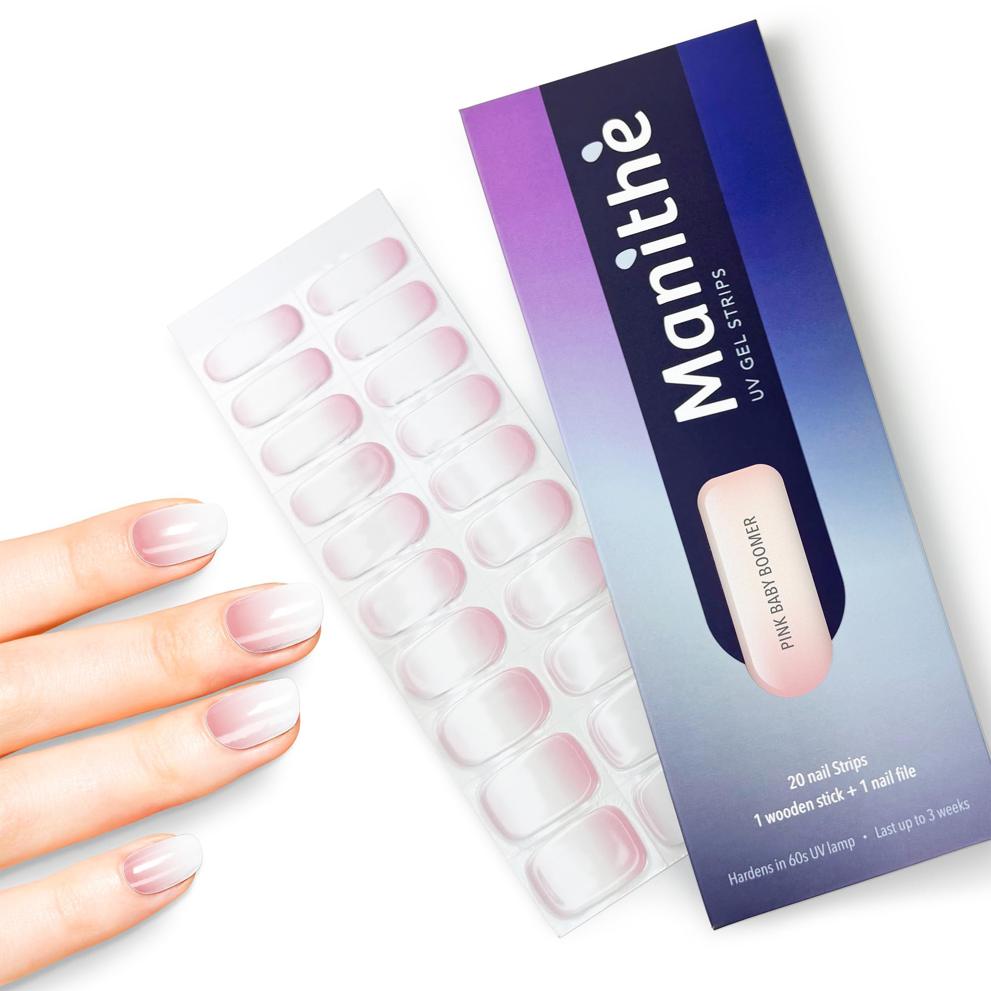 Manithè - Smalto Adesivo Gel UV - Colore rosa bianco (Pink Baby Boomer) Pellicola per Unghie Autoadesiva - Manicure Semipermanente - Nail Wraps Gel UV - Kit 20 PCS