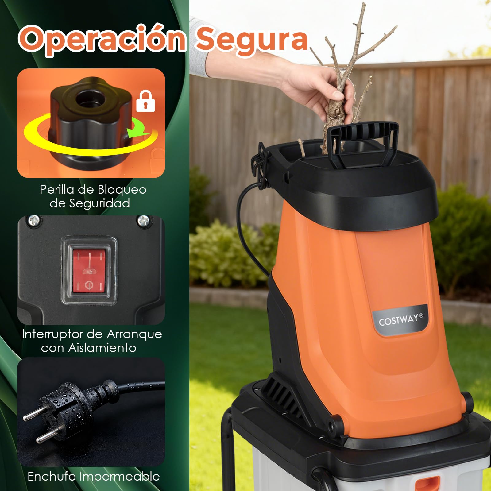 COSTWAY Trituradora de Ramas 2800W, Caja 50L, Hasta 45mm, Biotrituradora con Ruedas, Biotrituradora Electrica Jardin (naranje)