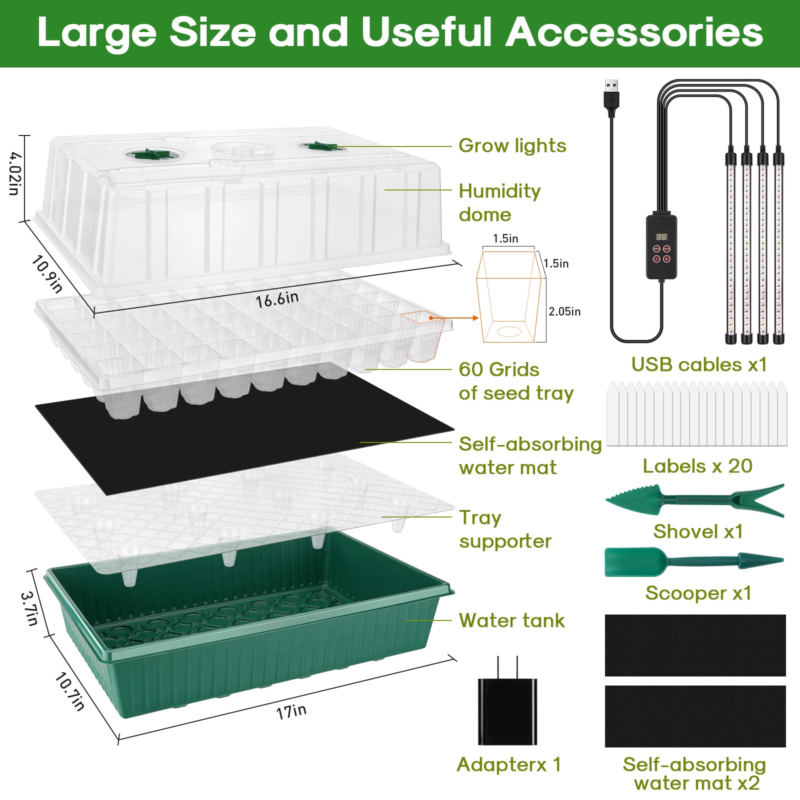 BlumWay Kit de démarrage de semences auto-arrosant avec lumière de croissance et dôme d'humidité, lumière de croissance 3 couleurs, plateau de semis de plantes à 120 cellules, plateaux de germination