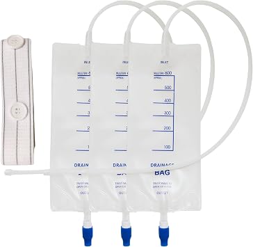 3-Pack 600ml Clear Nephrostomy Bags with 1-Pack 3.5cmx110cm Waist Belt | Disposable Urine Drainage Bag with Anti-reflux Valve, 24 Tube and Twist Drain Valve; Adjustable and Reusable waist belt