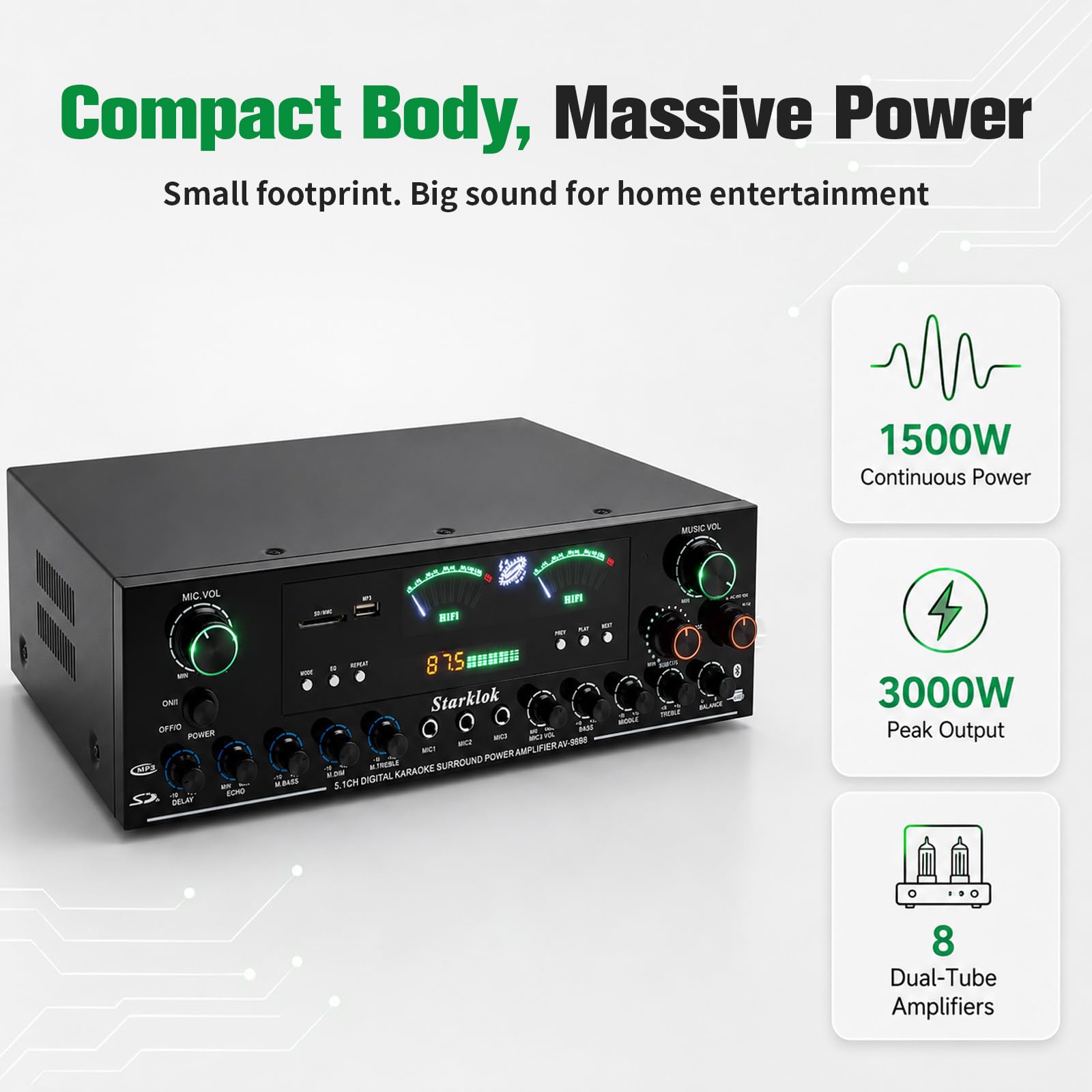 Amplificatore stereo HiFi a 5.1 canali, potenza di picco 3000 W, subwoofer, home theater, amplificatore con Bluetooth 6.0, riproduzione USB/SD, 3 ingressi microfono, 8 livelli terminali con sistema di