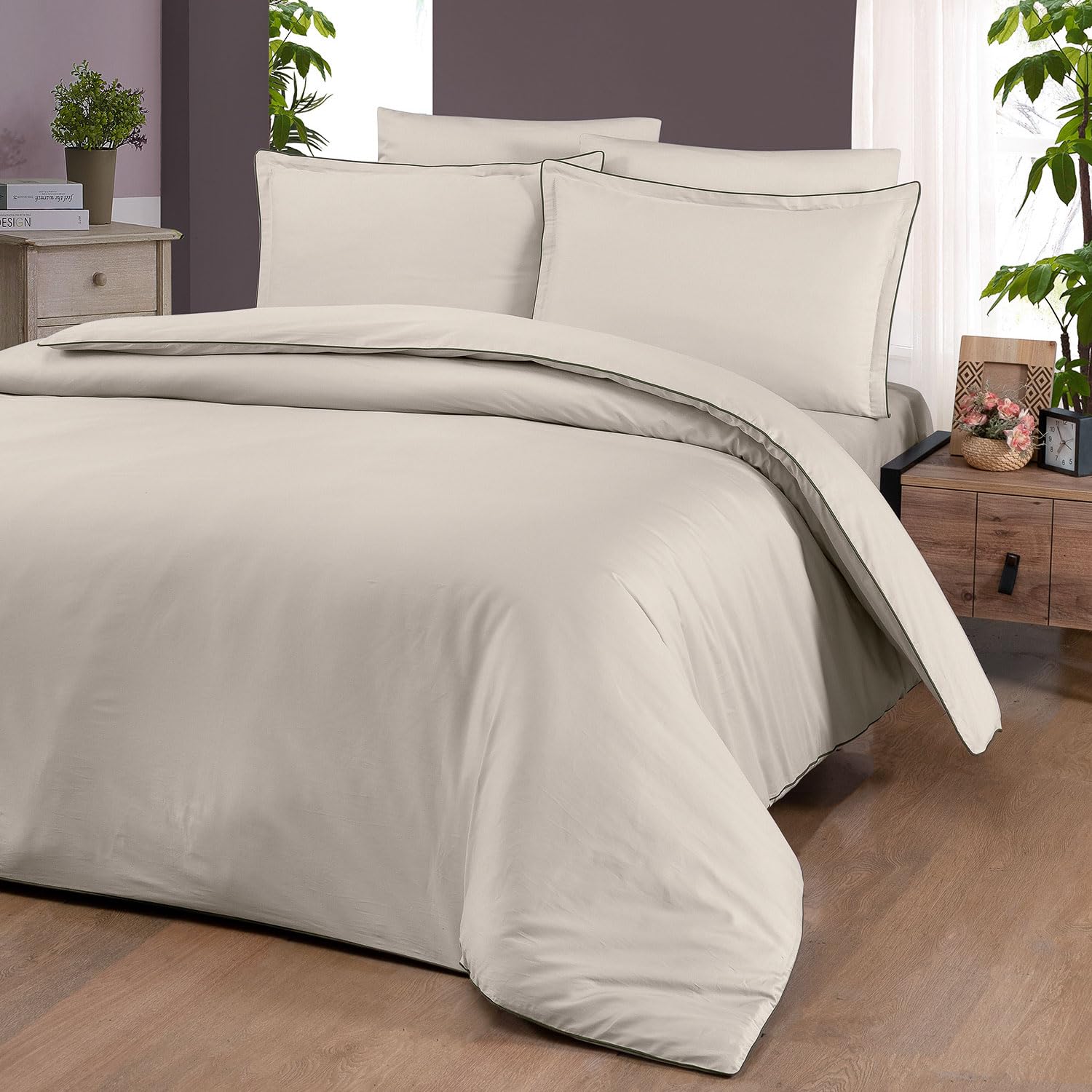 Parure de lit en satin de coton Oeko-Tex pour lit double 200 x 200 cm de couleur crème