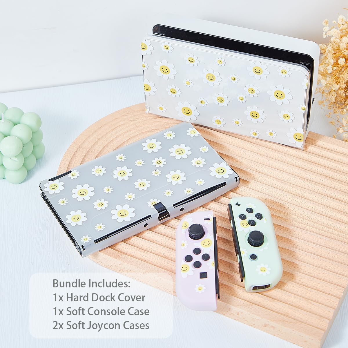 Protective Case for Switch OLED, Silicone Cover Shell Compatible with Nintendo Switch OLED Dockable Case Cozy Accessory Full Protection for Controller & Joy con-White Daisy Floral - Image 2