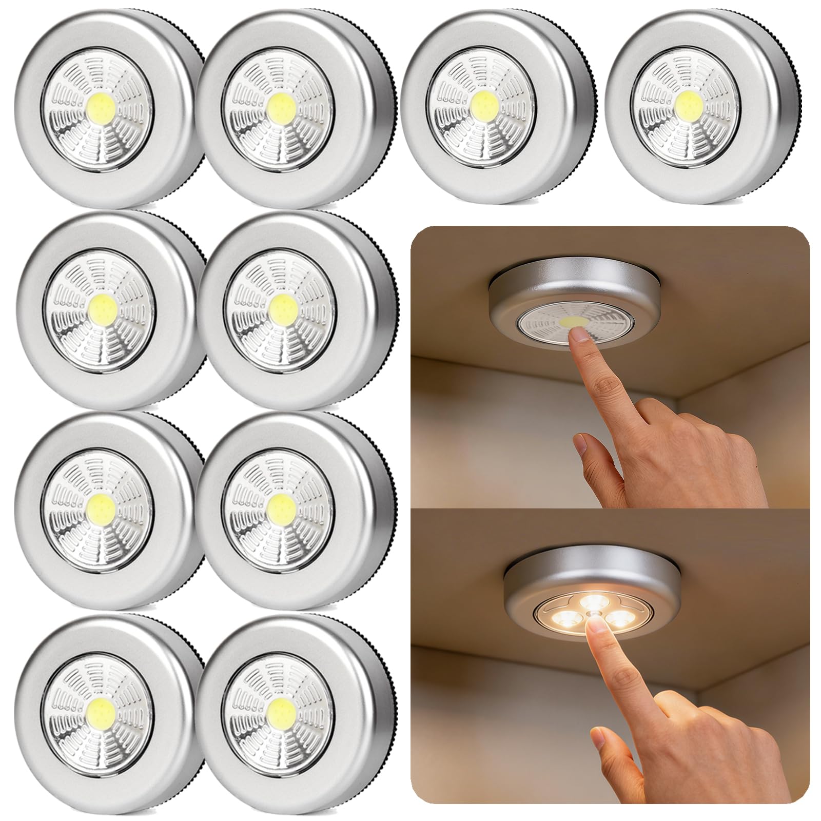 10 Pcs Stick-on Push Light, Powered Wireless Night Light with Self-Adhesive Base, Stick on Wall Lights, Push Lights Battery Powered for Closets Cupboards Counters Hallways, Cordless Touch Light