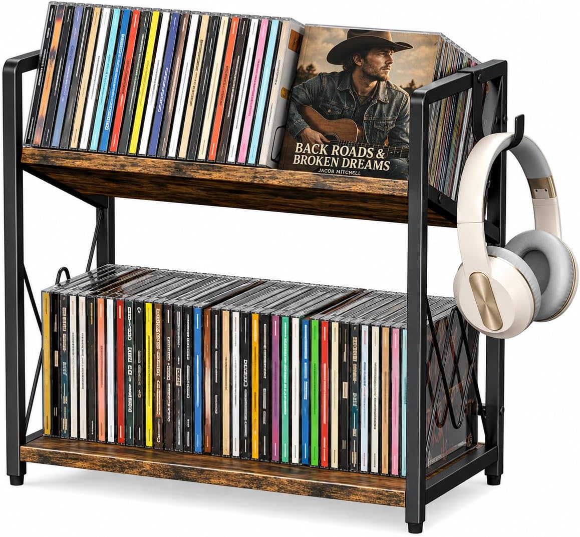 CD Storage Rack, 2-Tier CD Holder, DVD Shelf Holds up to 80 CDs or 56 DVDs