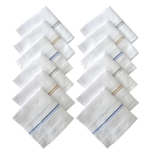 SPIN CART 100% Cotton Premium Collection Handkerchiefs Hanky For Men - Pack of 12. - White Striped XXL King Size.