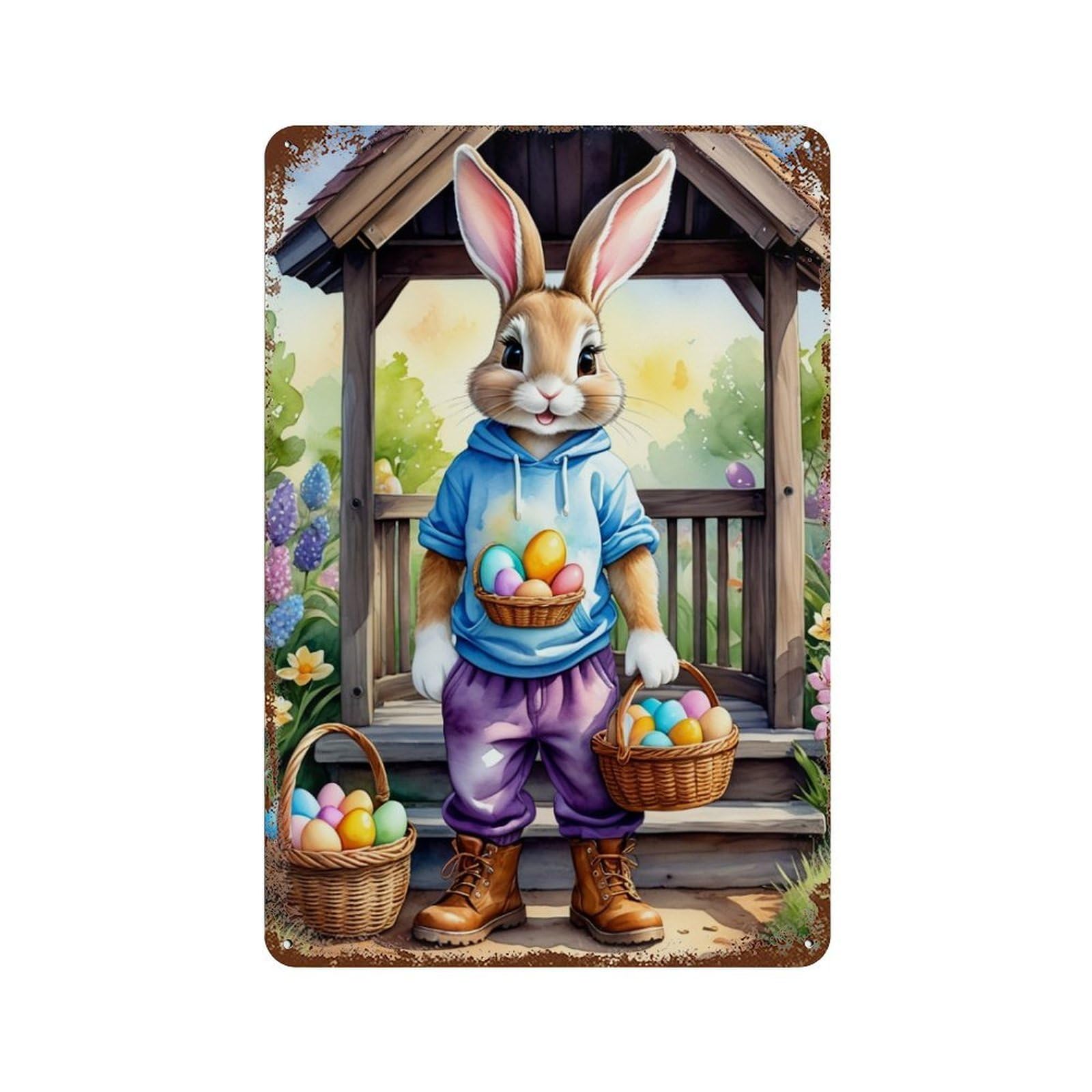 Easter Bunny Egg Basket Set Rust Effect Tin Sign 11.8"x7.9", Rustic Home Decor for Cafe, Home Bar And Lounge Decor