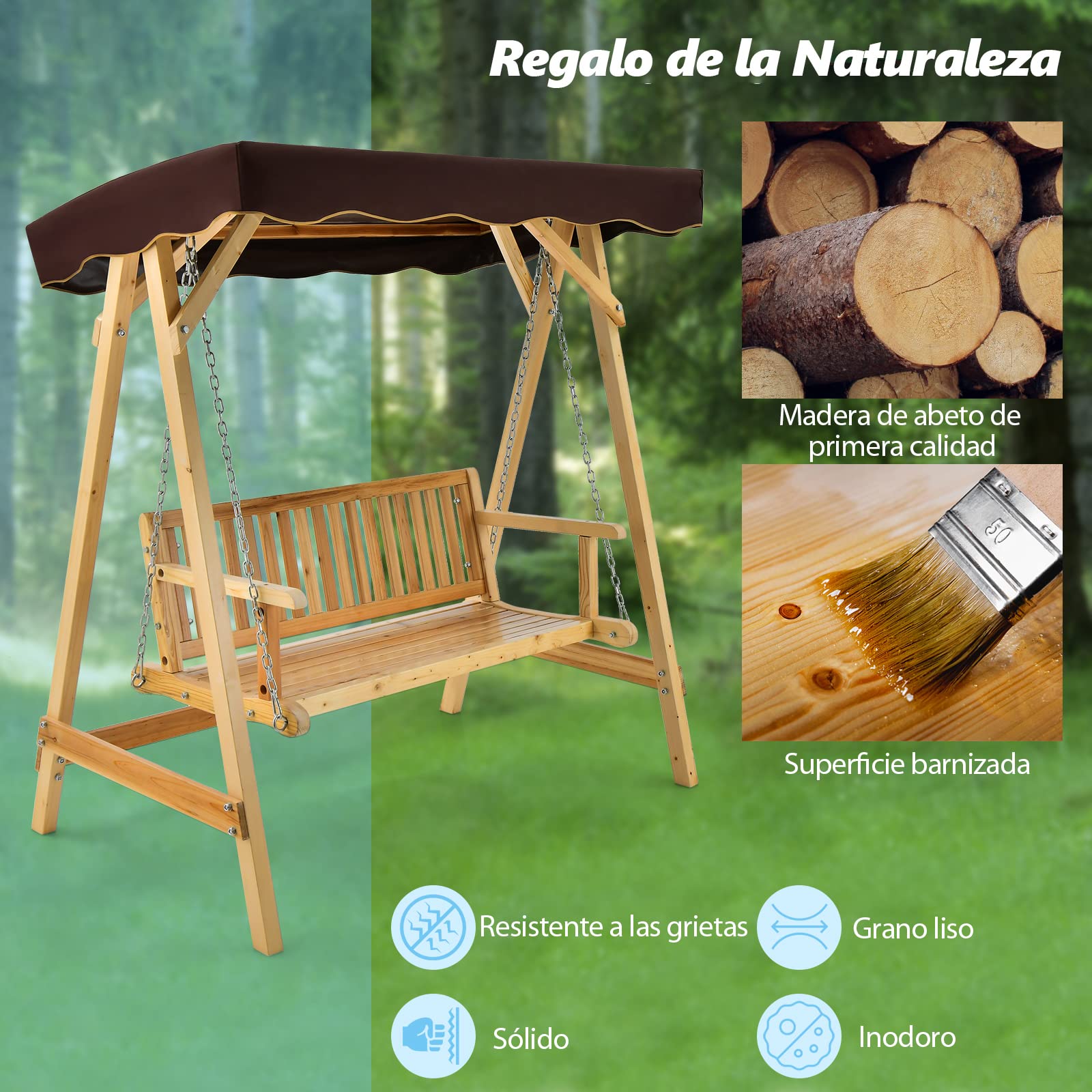 COSTWAY Columpio Balancin Jardin de Madera 2 Plazas,Toldo Ajustable, Silla de Madera de Columpio de Patio hasta 240kg, 175x106x182 cm, Porche, Patio Trasero, Balcón (con toldo)