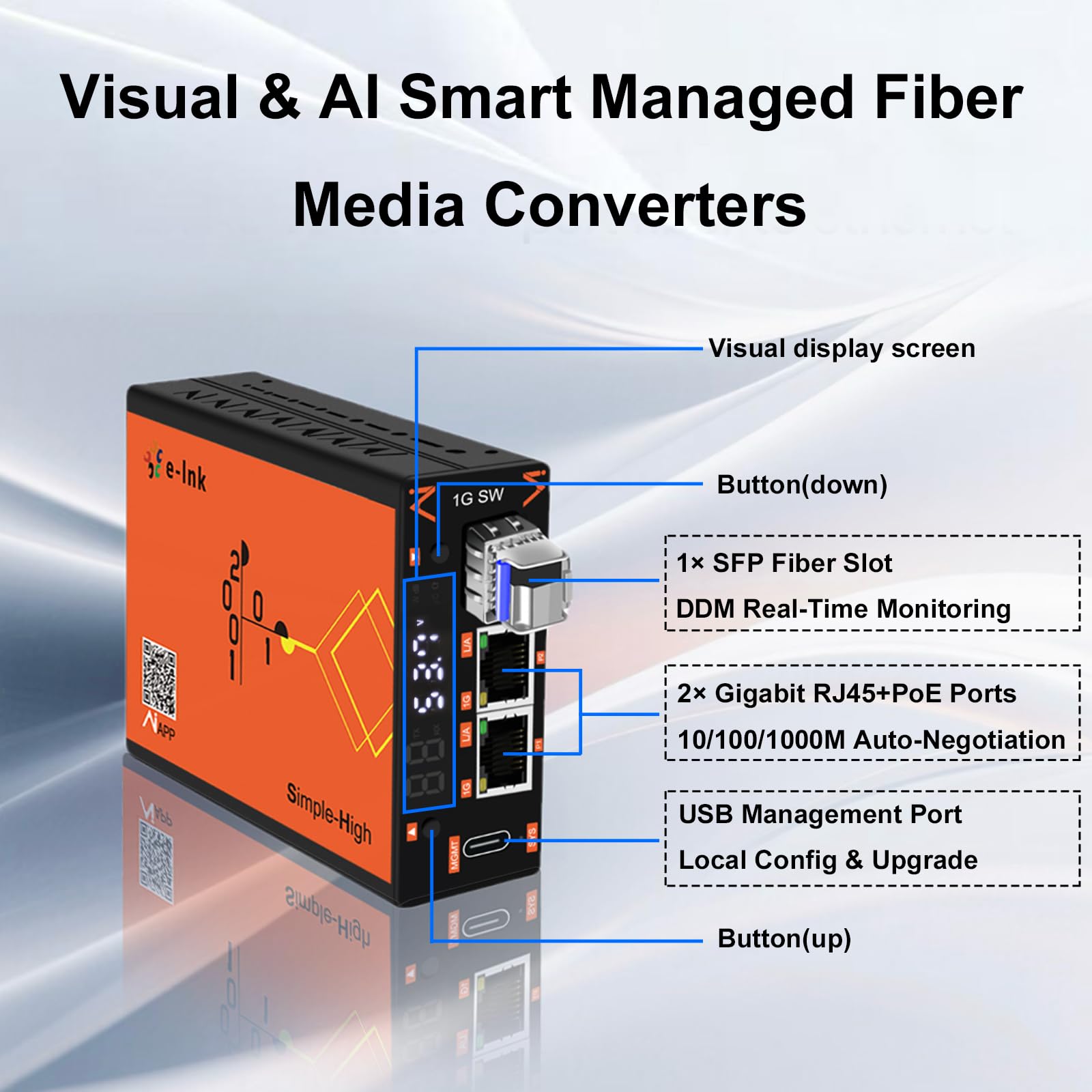 Convertitore multimediale in fibra gestita intelligente AI, 10/100/1000Mbps, 2 × RJ45 1 × SFP, display a LED, VLAN DIP, controllo APP/Web, allarme DDM, per autostrada, transito ferroviario e