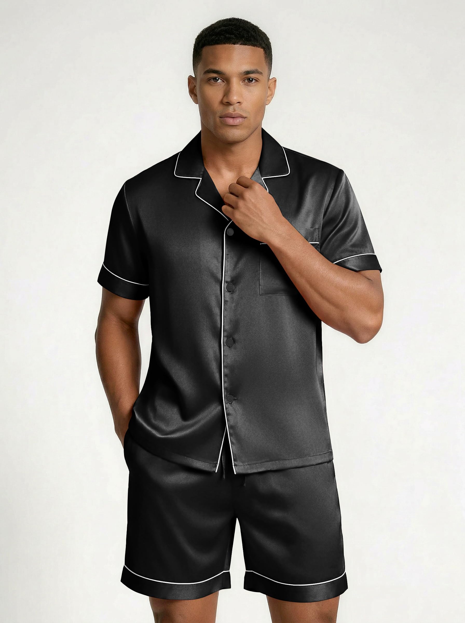 Ekouaer Mens Silk Satin Pajamas Set, Short Sleeve Sleepwear Lightweight Button Up Lounge Pjs Set with Pockets S-4XL — view 4