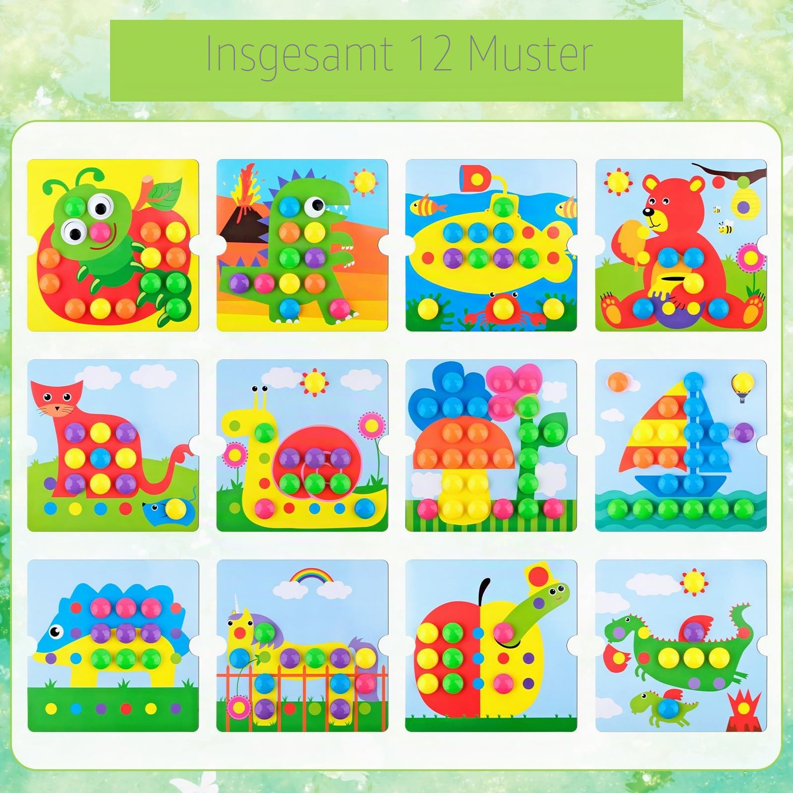 Mosaik Steckspiel ab 4 5 6 Jahre, Montessori Lernspielzeug mit 12 Bildvorlagen & 46 Steckperlen, Farben Lernen & Motorik fördern, Pädagogisches Steckspiel für Kinder, Geschenk Junge Mädchen