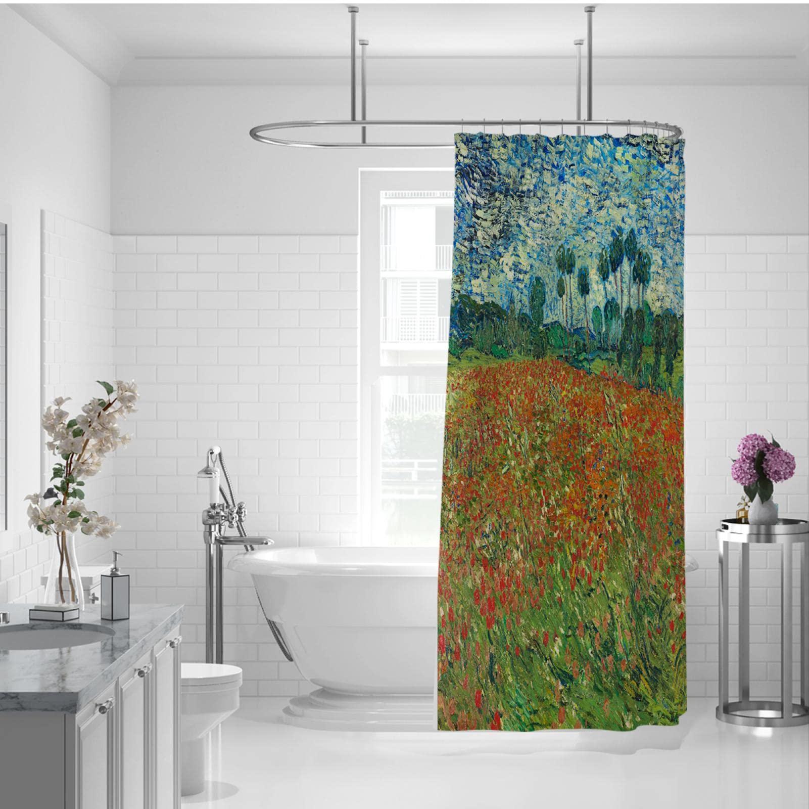 Duschvorhang Gartenduschvorhang Rot Blume Helle einzigartige Landschaft Blauer Stoffduschvorhang für Badezimmer mit Haken W150xL180cm