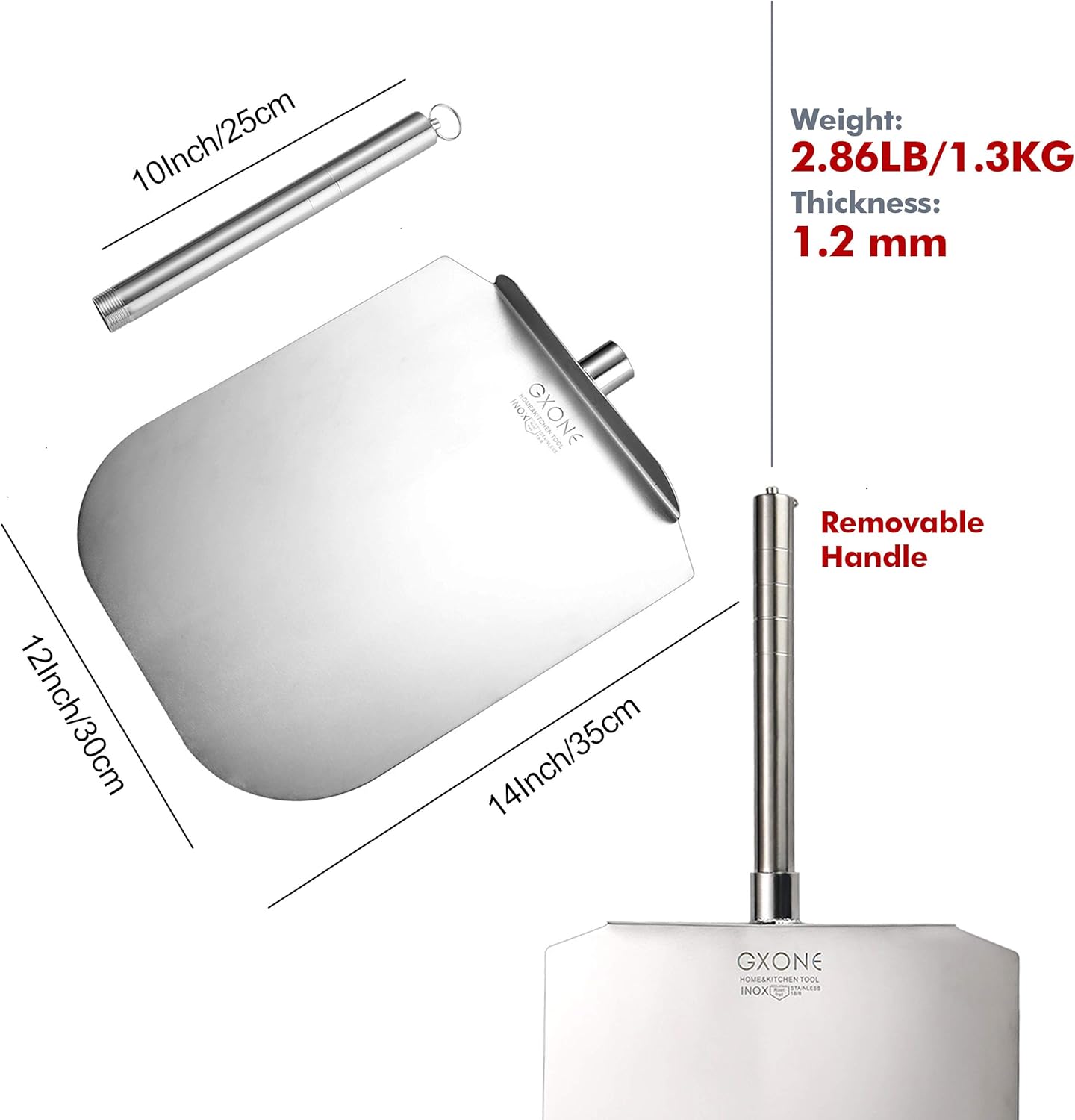 Stainless Steel Pizza Peel(12" x 14"),Metal Pizza Paddle with 10" Stainless Steel Handle, Removable and Easy To Store