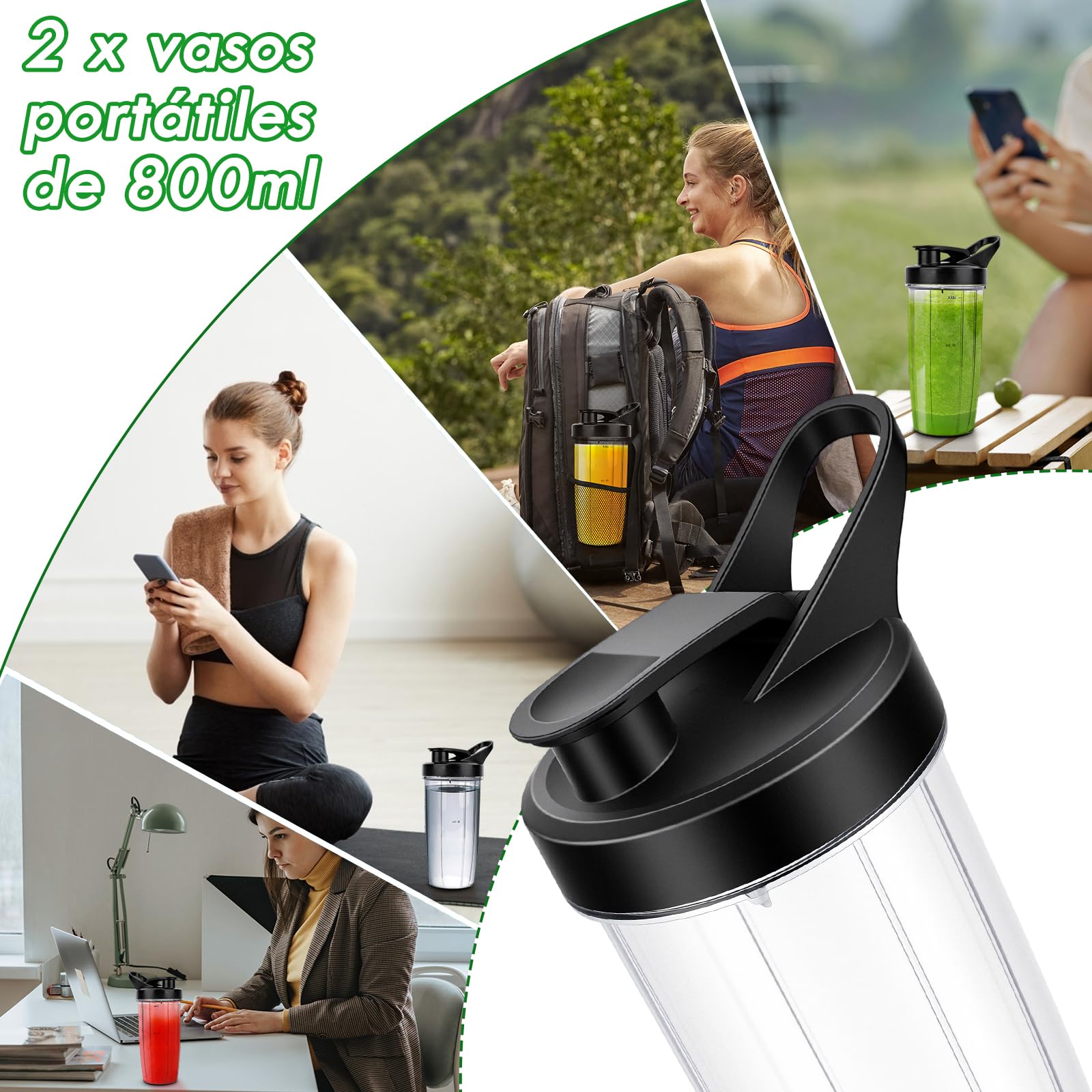 Mini Batidora, Licuadora de pulso, 1200W Batidora Smoothies con 2 x 800 ml Vasos Portátiles, Sin BPA, 6 Cuchillas de Acero Inox para batidos y smoothies