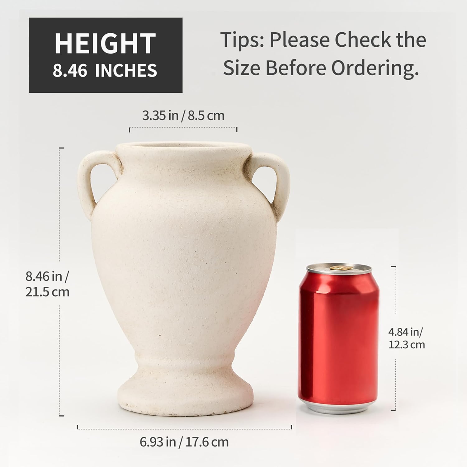 Ceramic Rustic Flower Vase with Handles, 8.46 Inch Tall Vintage Pottery Home Decor, Farmhouse Terracotta Vase for Living Room, Table, Shelf, Mantel Decoration, Farmhouse- White - Image 2