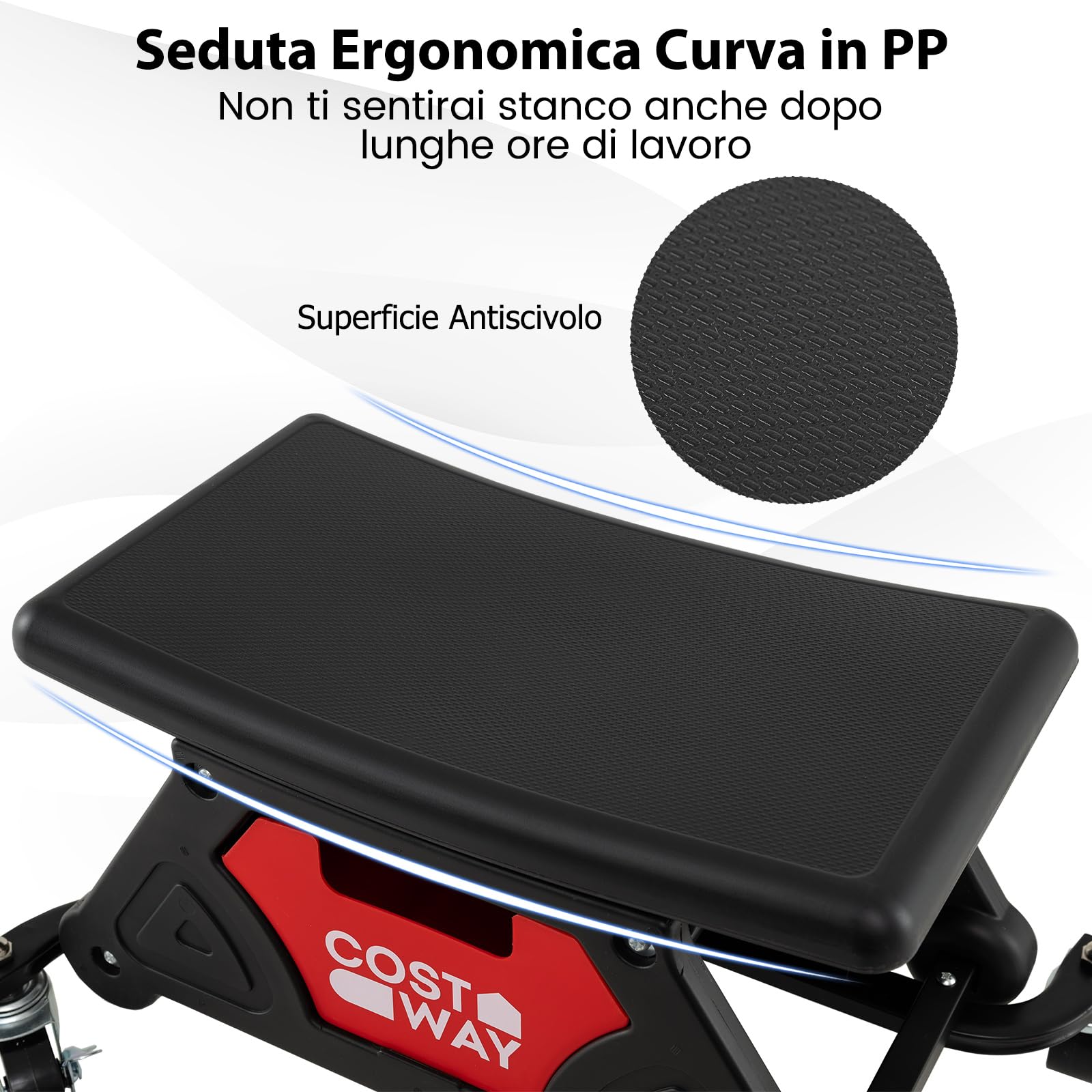 COSTWAY Sgabello da Officina con Ruote, Sedia Meccanico con Cassetto Estraibile e 2 Vassoi Divisori, Capacità di 135 kg, per Riparazione Auto, per Garage e Officina
