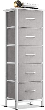 Coleshome Tall Chest of Drawers Bedroom, 5 Fabric Drawers, Light Gray | Small and Narrow Drawers, Sturdy Steel Frame, Wooden Top, Suitable for Bedroom and Living Room, 40 x 30 x 120 cm